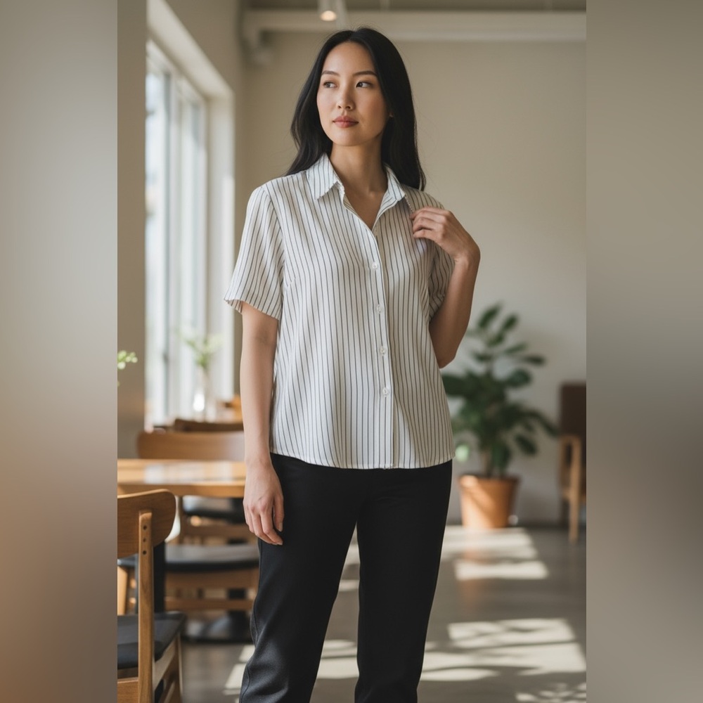 Modern Works White Striped Button-Down Blouse Size S – Relaxed Fit